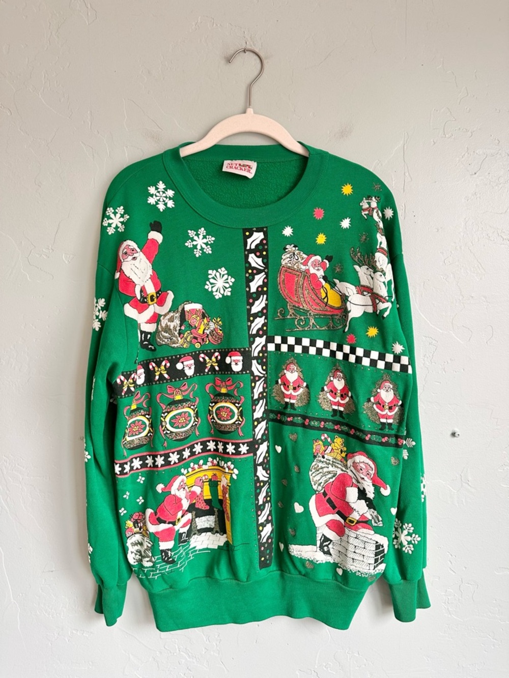 80’s‎ Vintage Green Santa Puff Print Glitter Christmas Sweatshirt Medium EUC